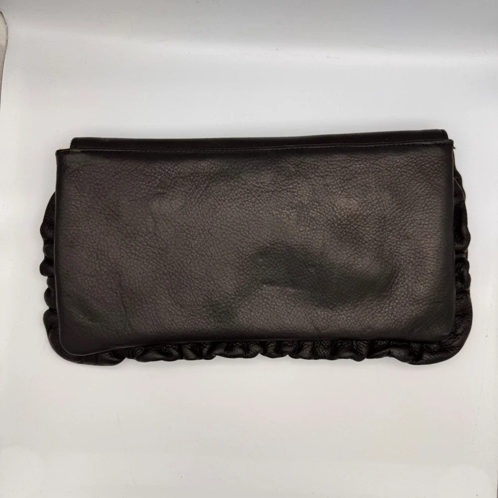 Treesje Leather Flap Clutch 80s‎ Inspired Handbag Black Ruffle Evening Bag